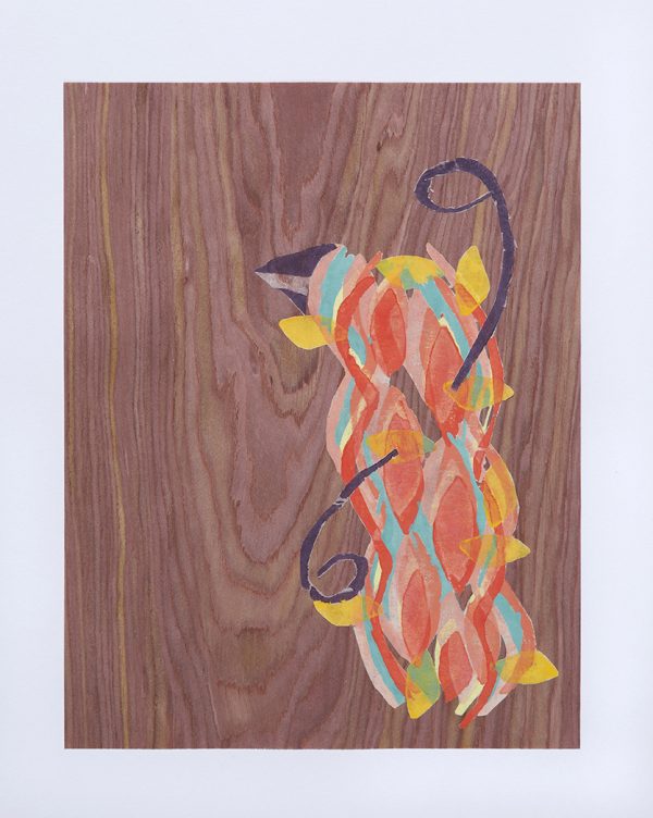 Coloured woodblock print on timber veneer