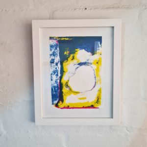 Abstract screenprint work on paper. Framed in white